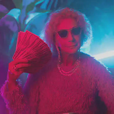 Elderly Woman in Sunglasses Fanning Money