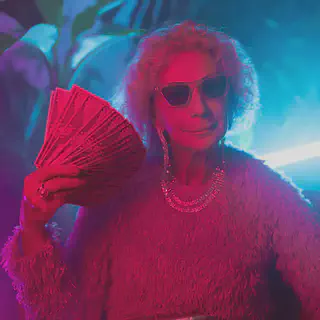 Elderly Woman in Sunglasses Fanning Money